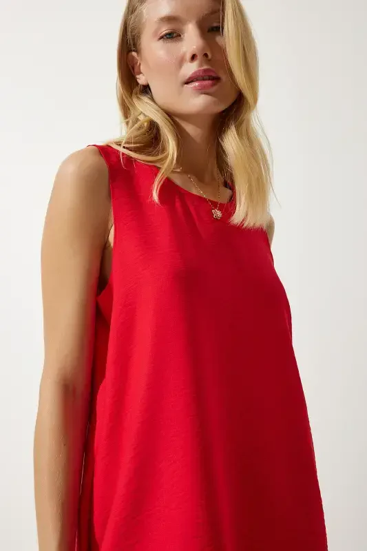 Ayol qizil yengsiz zig'ir viskoza qo'ng'iroq ko'ylak JH00005-Qizil - 4