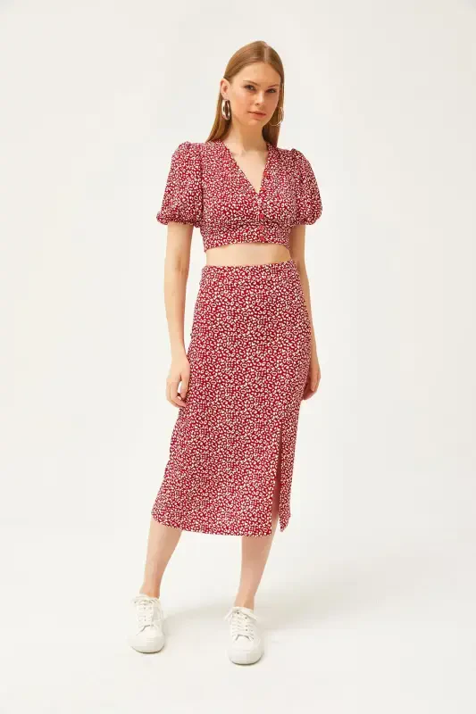 Ayol Qizil Yuqori Tugmali Bluz Pastki Yirtqichli Yubka - 3