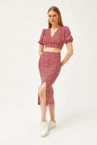 Ayol Qizil Yuqori Tugmali Bluz Pastki Yirtqichli Yubka - 5