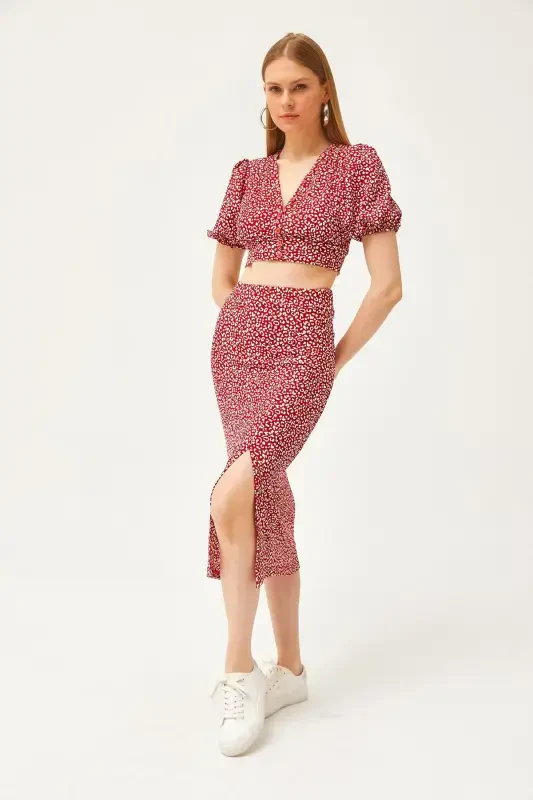 Ayol Qizil Yuqori Tugmali Bluz Pastki Yirtqichli Yubka - 5