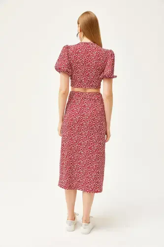 Ayol Qizil Yuqori Tugmali Bluz Pastki Yirtqichli Yubka - 6