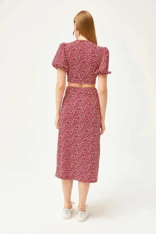 Ayol Qizil Yuqori Tugmali Bluz Pastki Yirtqichli Yubka - 6