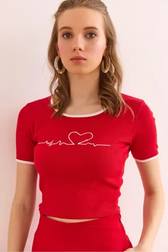 Ayol Qizil Yurak Kashtachilik Crop Elastik Paxta Bluz B - 4