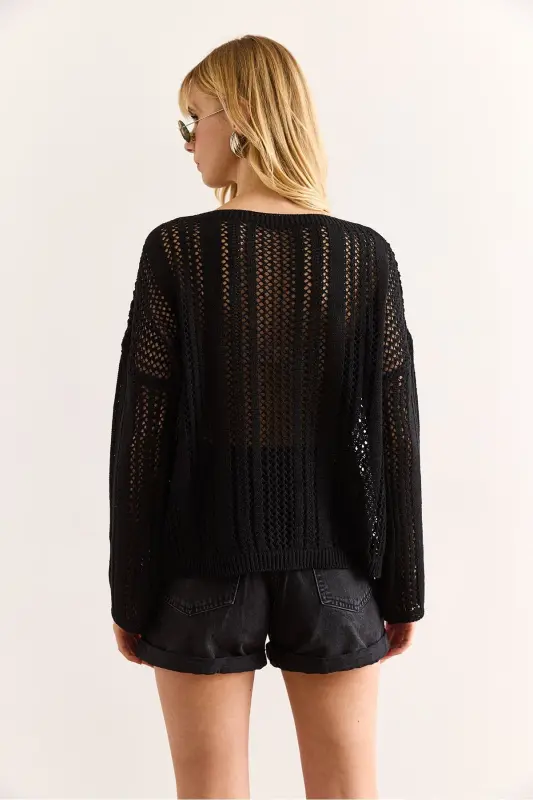 Ayol Qora Ajurli Relaxed Fit Mavsumiy Triko Blu - 12