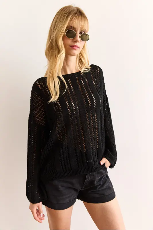 Ayol Qora Ajurli Relaxed Fit Mavsumiy Triko Blu - 4