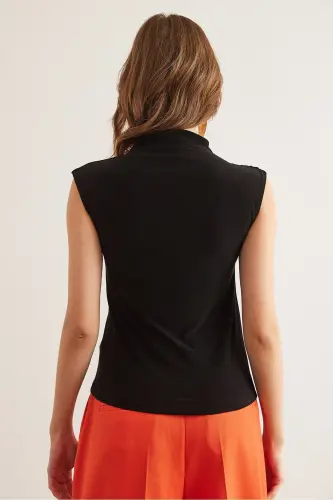 Ayol Qora Drape Detalli Belli Tugmali Sandy Bluz - OLALOOK (1)
