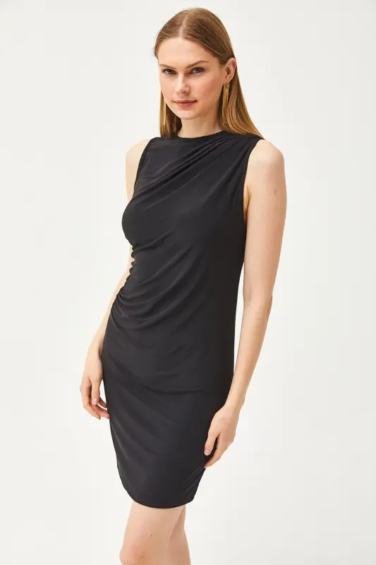 Ayol Qora Drape Tafsilotli Elastik Mini Ko'ylak ELB-19002083-Qora - 4
