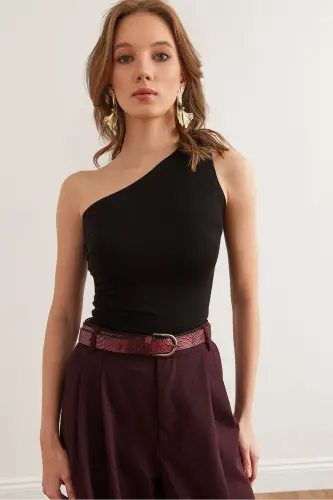 Ayol Qora Drape Tafsilotli Yagona Yelkali Yumshoq Tegishli Elastik 