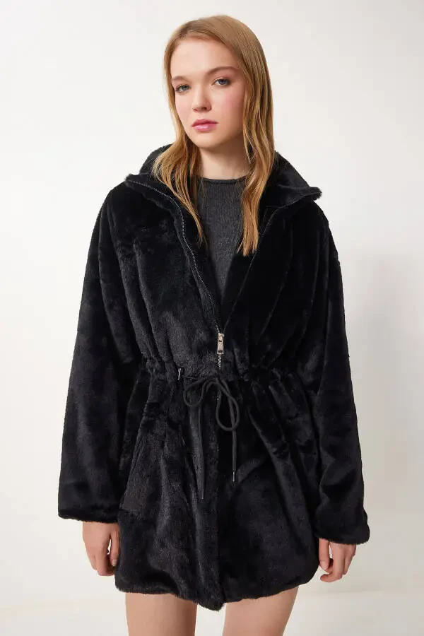 Ayol Qora Fermuarli Katta O'lchamli Mo'ynali Peluş Palto RV00149 - 3
