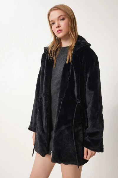 Ayol Qora Fermuarli Katta O'lchamli Mo'ynali Peluş Palto RV00149 - 4