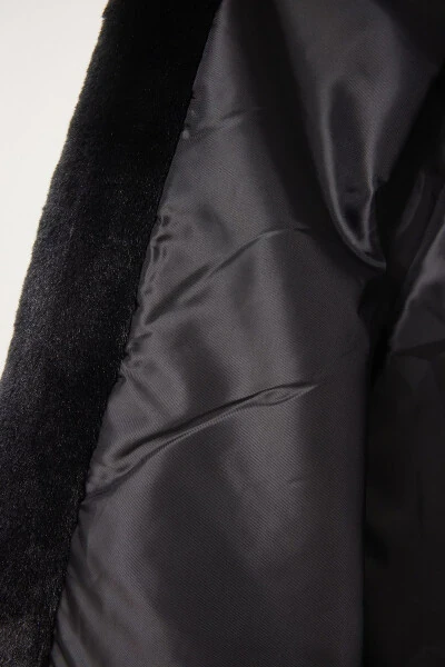 Ayol Qora Fermuarli Katta O'lchamli Mo'ynali Peluş Palto RV00149 - 6