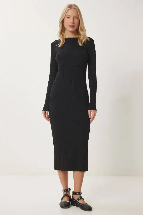 Ayol qora fitilli uzun trikotaj ko'ylak YY00228 - 1