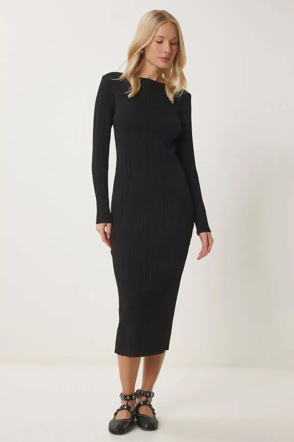 Ayol qora fitilli uzun trikotaj ko'ylak YY00228 - 3