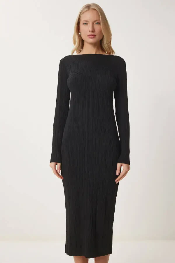 Ayol qora fitilli uzun trikotaj ko'ylak YY00228 - 4