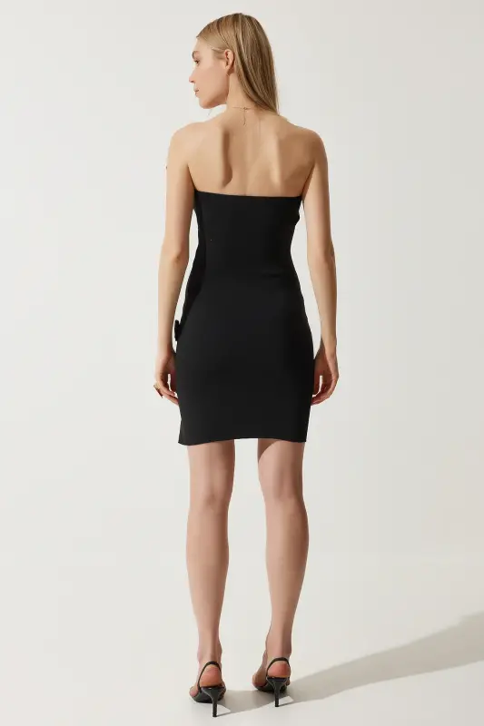 Ayol qora gul detallari bilan bezatilgan strapless mini trikotaj ko'ylak NS00403-Qora - 6