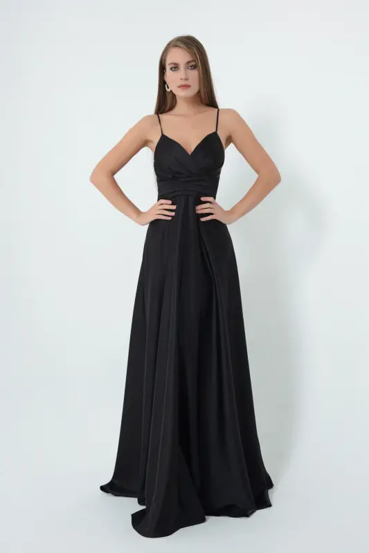Ayol qora ipli kamarli atlas uzun kechki libos va bitiruv libosi - qora - 9