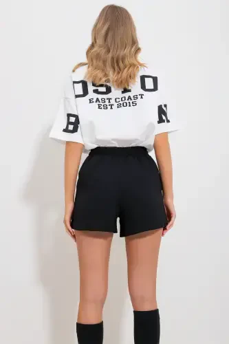 Ayol Qora Juft Cho'ntakli Bel Elastik To'quv Zig'ir Short Alc-X11715-QORA - 4