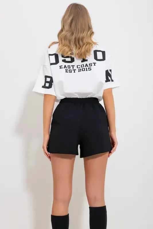 Ayol Qora Juft Cho'ntakli Bel Elastik To'quv Zig'ir Short Alc-X11715-QORA - 4