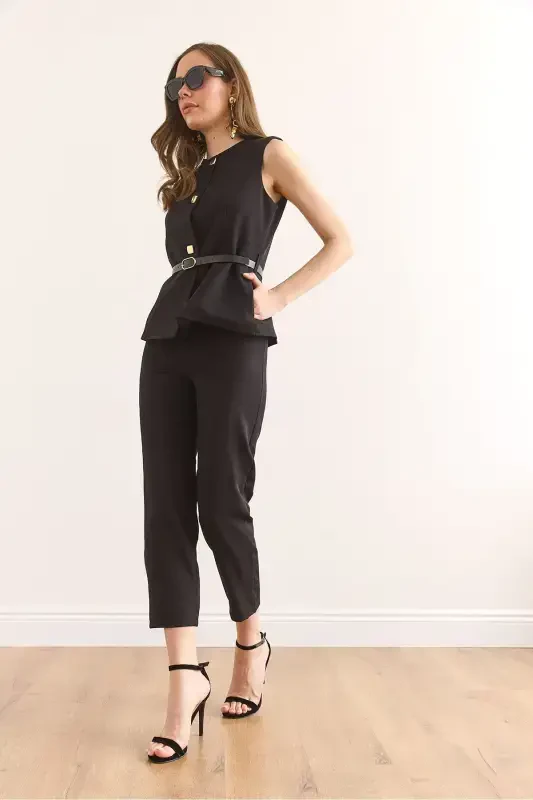 Ayol Qora Kamarli Yelek Shim Kostyum TKM-19000 - 4