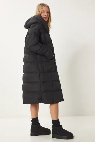 Ayol Qora Kapishonli Oversize Uzun Pufak Kuryurtka NT00428 - Qora - 5