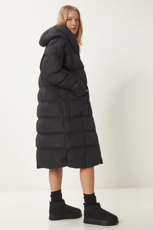 Ayol Qora Kapishonli Oversize Uzun Pufak Kuryurtka NT00428 - Qora - 5
