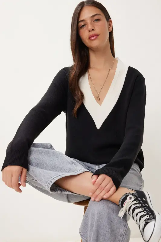 Ayol Qora Kontrast V Bo'yinli Trikotajli Jumper US00924-Si - 1