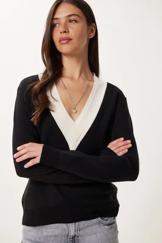 Ayol Qora Kontrast V Bo'yinli Trikotajli Jumper US00924-Si - 2