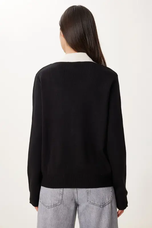 Ayol Qora Kontrast V Bo'yinli Trikotajli Jumper US00924-Si - 5