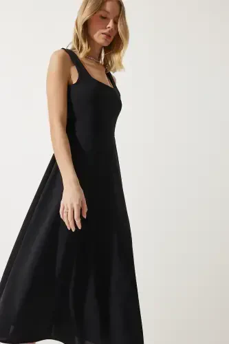 Ayol Qora Kvadrat Yoqali A Kesimli Ko'ylak DK00169-Qora - 3