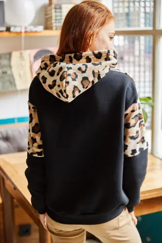 Ayol Qora Leopard Polar Leopard Tafsilotli Ichki Polyar Qalin Sviter SWT-19000470-Qora Leopard - 6