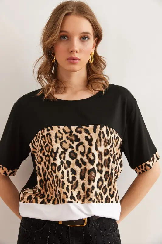 Ayol Qora Oq Libos Leopard Bezakli Trikotaj Viskoza - 8