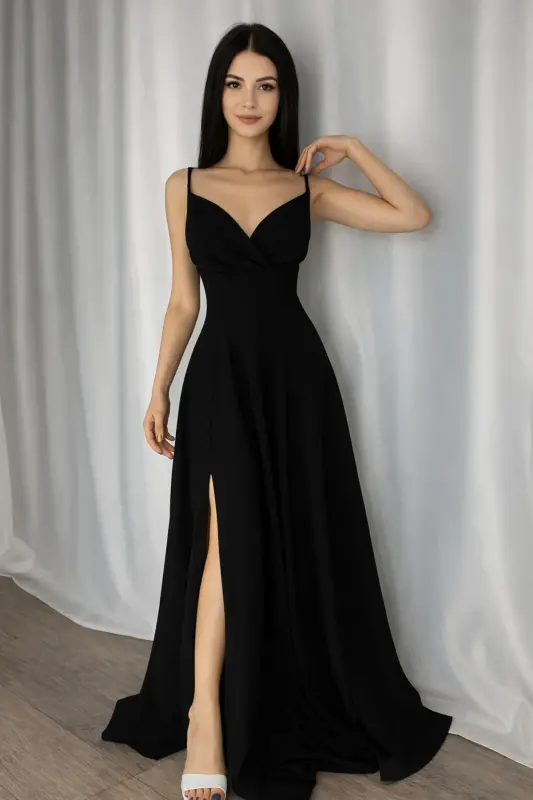 Ayol qora osma kesilgan yoqali yirtigli maksi ko'ylak - 2