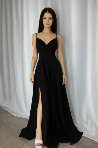 Ayol qora osma kesilgan yoqali yirtigli maksi ko'ylak - 4