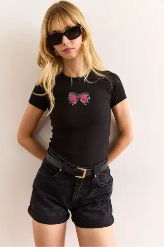 Ayol Qora Paillet Bow Tafsilotlari Ingichka Fitilli Crop - 4