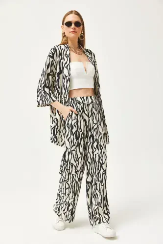 Ayol Qora Ustki Kimono Pastki Cho'ntakli Shimlar To'plami TK - 3