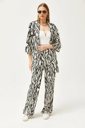 Ayol Qora Ustki Kimono Pastki Cho'ntakli Shimlar To'plami TK - 5