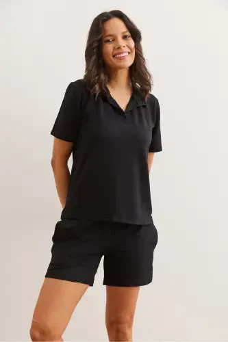 Ayol Qora Ustki Polo Yoqali Bluz Pastki Cho'ntakli Short Kris - 4