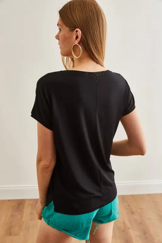 Ayol Qora V Yoqali Ko'rshapalak To'qilgan Viskoza Futbolka TSH-1 - 4