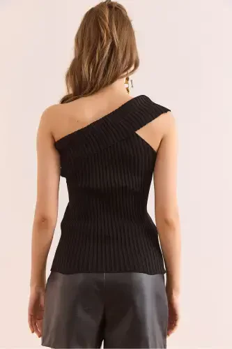 Ayol Qora Yelkali Fitilli Trikotaj Bluz - 11