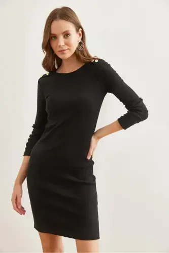 Ayol Qora Yelkali Tugmali Shardonli Mini Elastik Libos - OLALOOK (1)