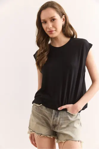 Ayol qora yengsiz Crop keng tepa bluz Blz-19002 - 3