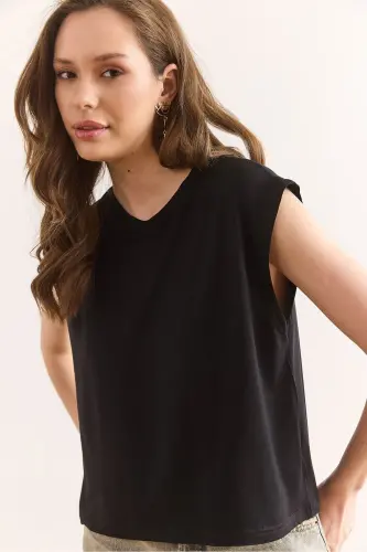 Ayol qora yengsiz Crop keng tepa bluz Blz-19002 - 4