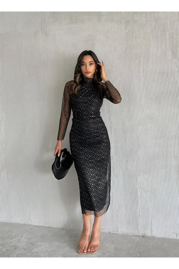 Ayol Qora Yoqali Kumush Nuqta Tafsilotlari Transp - 4