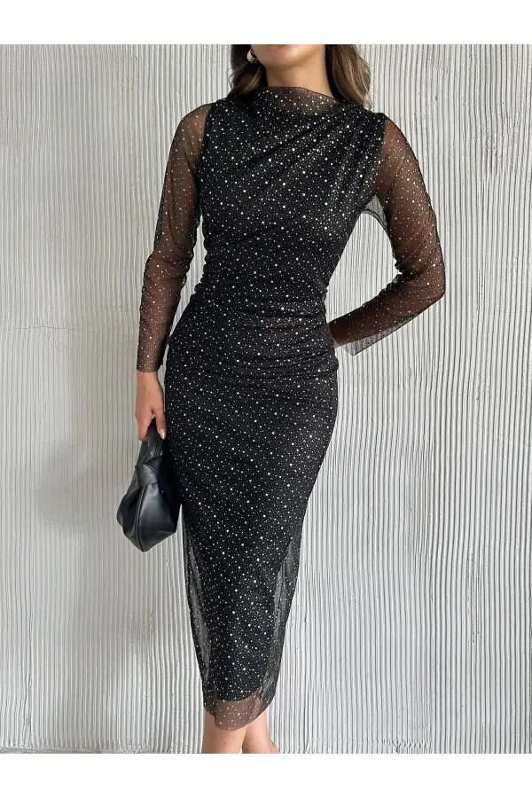 Ayol Qora Yoqali Kumush Nuqta Tafsilotlari Transp - 6