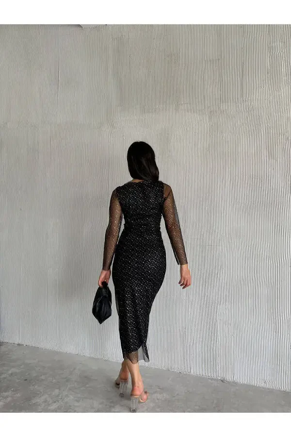 Ayol Qora Yoqali Kumush Nuqta Tafsilotlari Transp - 8