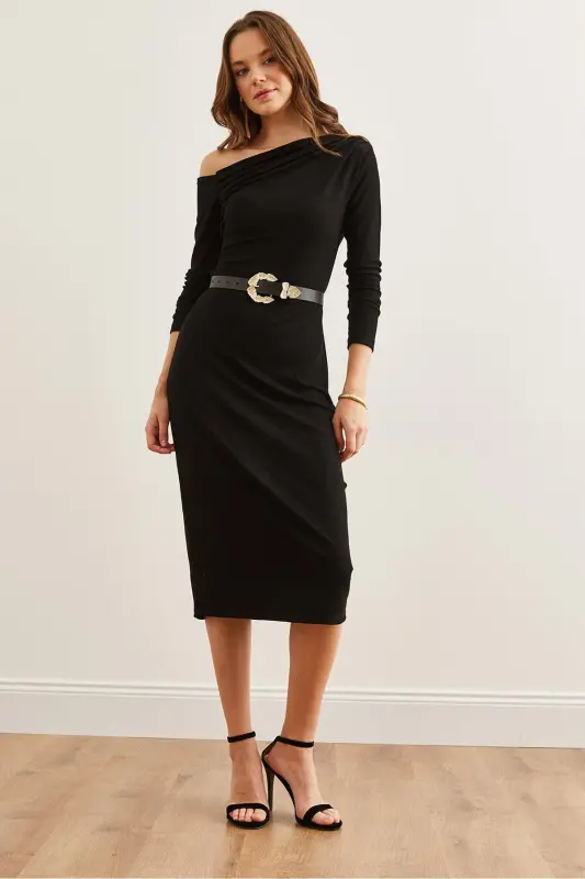 Ayol Qora Yumshoq To'qimali Qayiq Yoqali Ko'ylak ELB-1 - 3