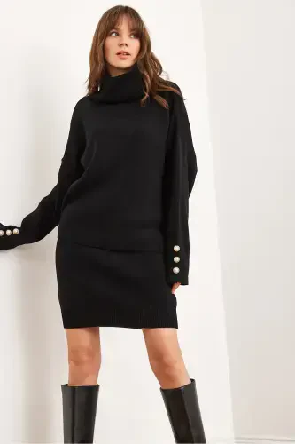 Ayol Qora Yuqori Tugma Tafsilotli Jumper Pastki Plitali Yubka Trikotaj Kostyum TKM-19000329-Qora - 1