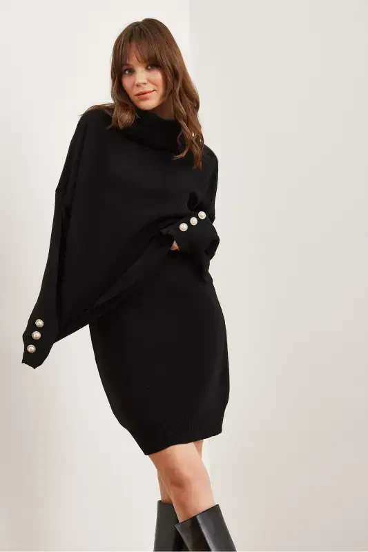 Ayol Qora Yuqori Tugma Tafsilotli Jumper Pastki Plitali Yubka Trikotaj Kostyum TKM-19000329-Qora - 4