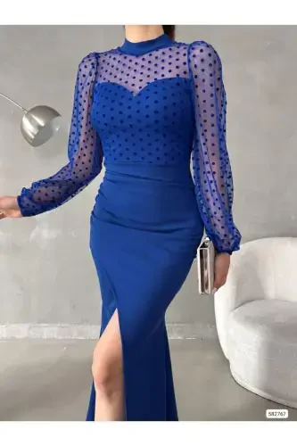 Ayol Saks Moviy Baliqchi Yaka Tül Detay Yirtmachli Katta Beden Maksi Abiye Ko'ylak-Saks Moviy - 3