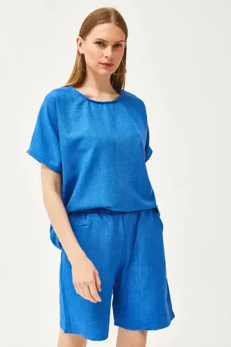 Ayol Saks Moviy Ustki Kiyim Keng Bluz Pastki Cho'ntakli Short Kete - 4